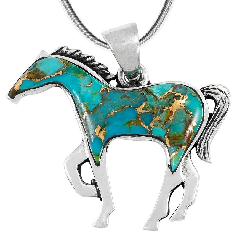 Turquoise Network Horse Necklace Sterling Silver Genuine Gemstones & Gemstones with 20" Chain (Teal/Matrix Turquoise) - Image 1